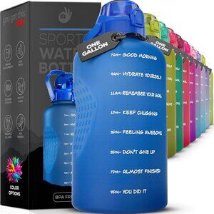 NEW Motivational Water Bottle with Straw Handle Blue One Gallon Sports Workout